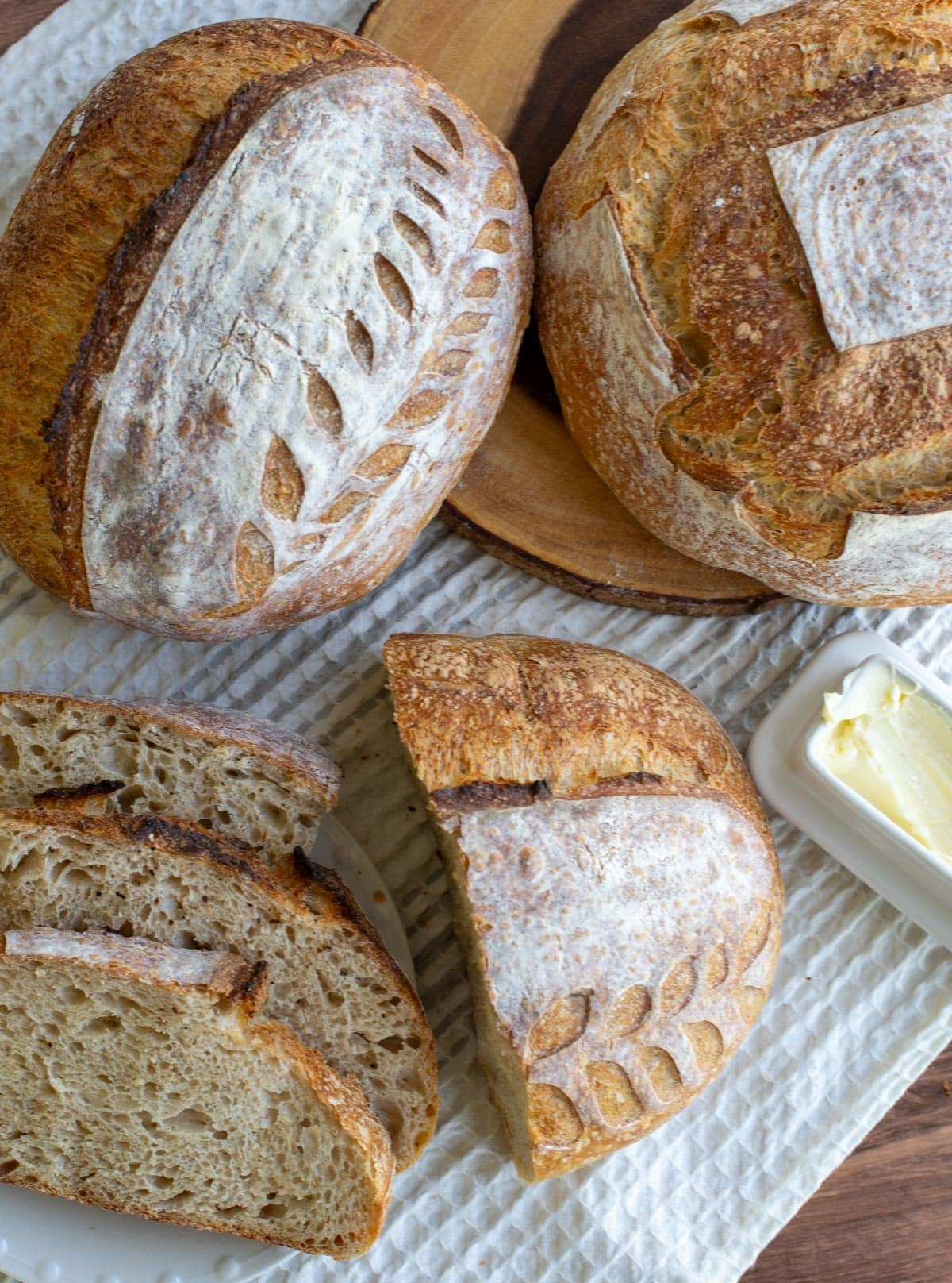 Artisan sourdough loaves showing open crumb structure